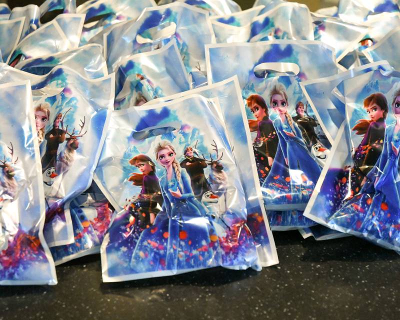 Frozen themed goodie bags wait to be distributed at the Frozen Fest event held at Lake Ellyn in Glen Ellyn on Saturday Jan. 20, 2024.