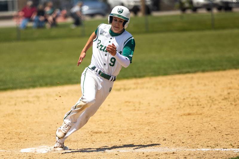 (9) Geno Dinges of St. Bede rounds third base on Saturday, May 24, 2025 at Stark County High School in Toulon.