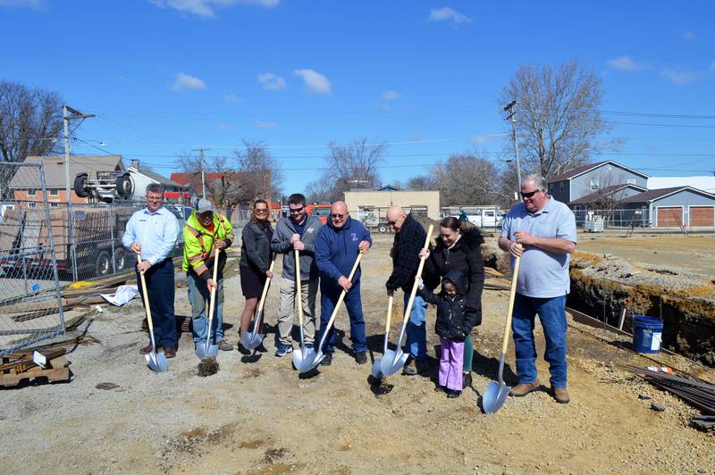 A groundbreaking for a new municipal building for the city of Polo and Buffalo Township took place Wednesday, March 6, 2024. Left to right are Fehr Graham Project Manager Darin Stykel; Polo Public Works Director Kendall Kyker; City Treasurer Tammy Merdian; Polo Alderman Tommy Bardell; Polo Mayor Doug Knapp; Buffalo Township Supervisor Phil Fossler; City Clerk Sydney Bartelt and Charlotte Bartelt; and Polo Alderman Randy Schoon.