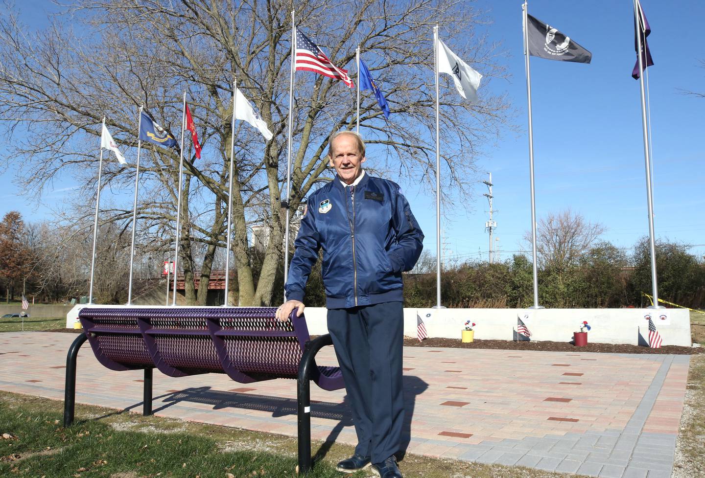 U.S. Air Force veteran and Elks member Michael Embrey, of DeKalb, in front of the recently dedicated DeKalb Elks Veteran’s Memorial Tuesday, Nov. 22, 2022, in DeKalb.