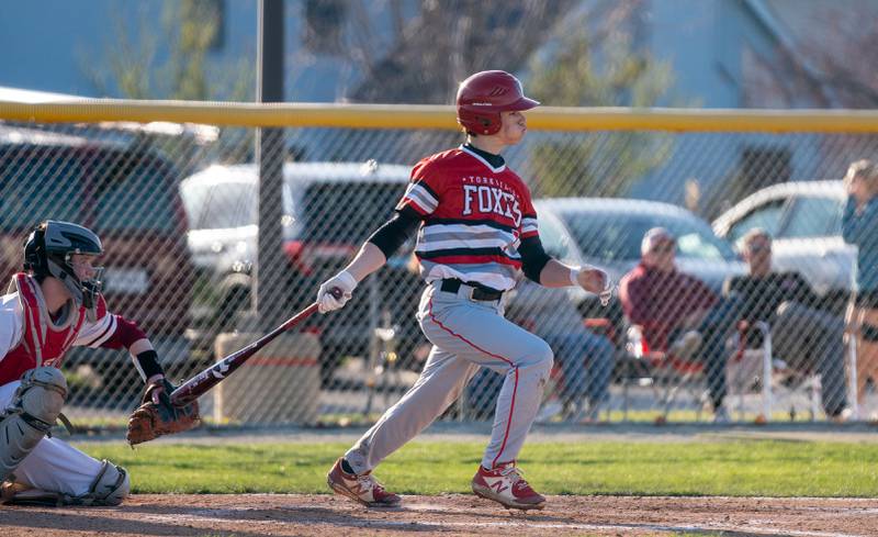 Yorkville's Gavin Dobbels (3) singles against Yorkville during a baseball game at Plainfield North High School on Thursday, April 21, 2022.