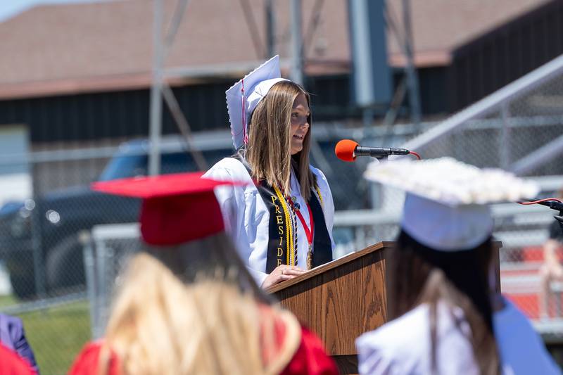 Student Council President, Mady Ponsetti speaks to class on Sunday, May 18, 2025 at Hall High School in Spring Valley.