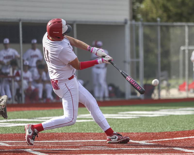 Yorkville's Bodhi Harrison (11) hits a pitch during baseball game between Oswego East at Yorkville. Monday, May 12, 2025 in Yorkville.