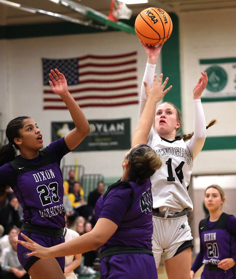 Kaneland's Grace Brunscheen shoots over Dixon’s Hallie Williamson during their Class 3A sectional semifinal game Tuesday, Feb. 25, 2025, at Boylan Catholic High School in Rockford.