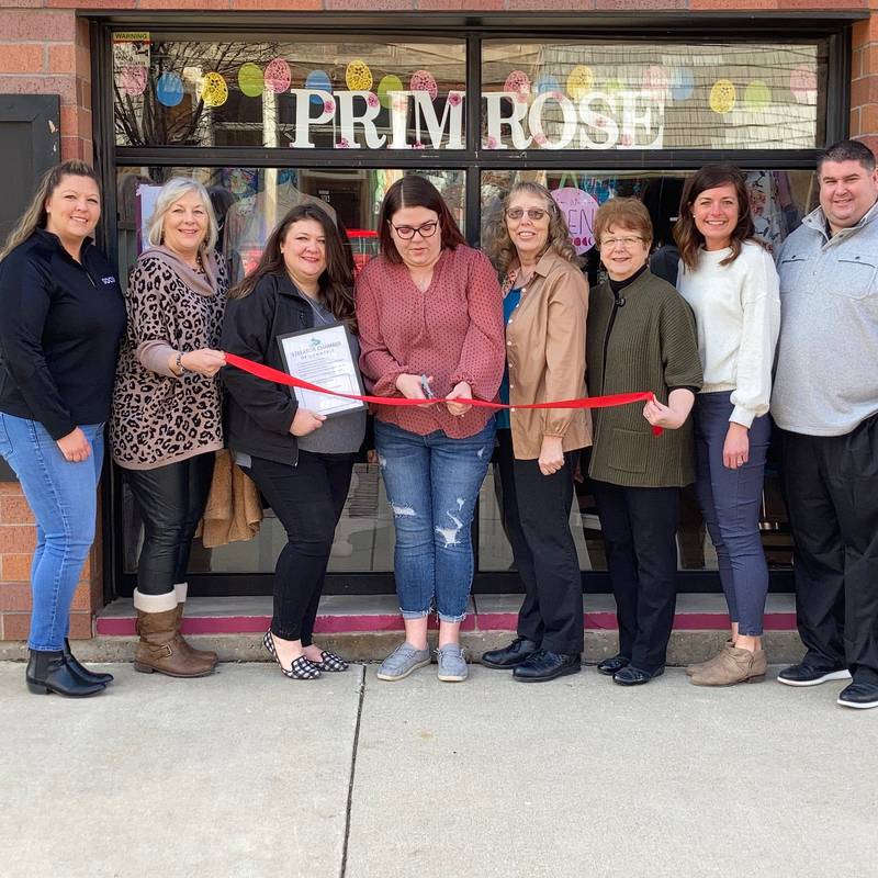 Primrose Boutique in Streator celebrated its relocation last winter with a recent ribbon cutting. Pictured are Dana Stillwell, of SOCU (Streator Chamber board); Karen Karpati, of Streator National Bank (Streator Chamber ambassador); Mayor Tara Bedei; Cara Durdan, owner of Primrose Boutique; Judy Booze, of Salvation Army (Streator Chamber ambassador); Gigi Lansford, of Chismarick Realty (Streator Chamber ambassador); Courtney Levy, Streator Chamber executive director; Ryan McGuckin, of Woodland School (Streator Chamber board).