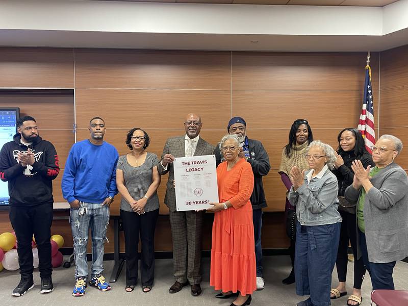 The Travis family were honored at the LTHS school board meeting on May 5, 2025 for 50 years of service to the district. Della Travis, center, passed away on Nov. 23, 2025.