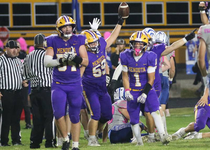 Mendota's Wyatt Ossman, Austin Welch and Javier Hernandez react after recovering a fumble against Princeton on Friday, Oct. 10, 2025 at Bryant Field in Princeton.