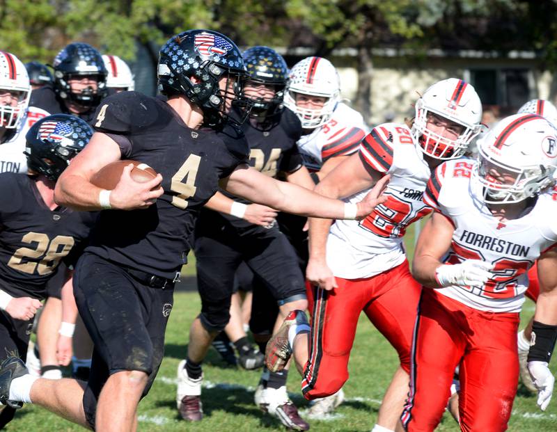 Lena-Winslow's Gage Dunker runs for a big gain against Forreston during the 1A playoffs on Saturday, Nov. 4, 2023. Dunker ran for three touchdowns in the Panthers' 46-14 victory.