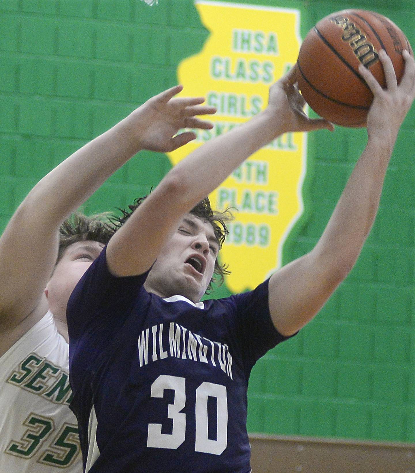 Wilmington’s Joey Cortese plus this rebound down ahead of Seneca’s Josh Lucas  in the 4th period Saturday on Saturday, Feb. 4, 2023 at Seneca.