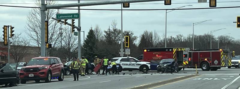 The Huntley Fire Protection District responded to a call Wednesday, April 9, 2025 to the intersection of Algonquin and Lakewood roads in Lake in the Hills for a three-vehicle crash with injuries.