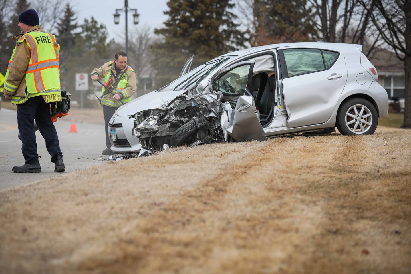 Two cars collided on Thursday, Feb. 12, 2026, inside Sun City Huntley, leaving one vehicle on the edge of a pond.