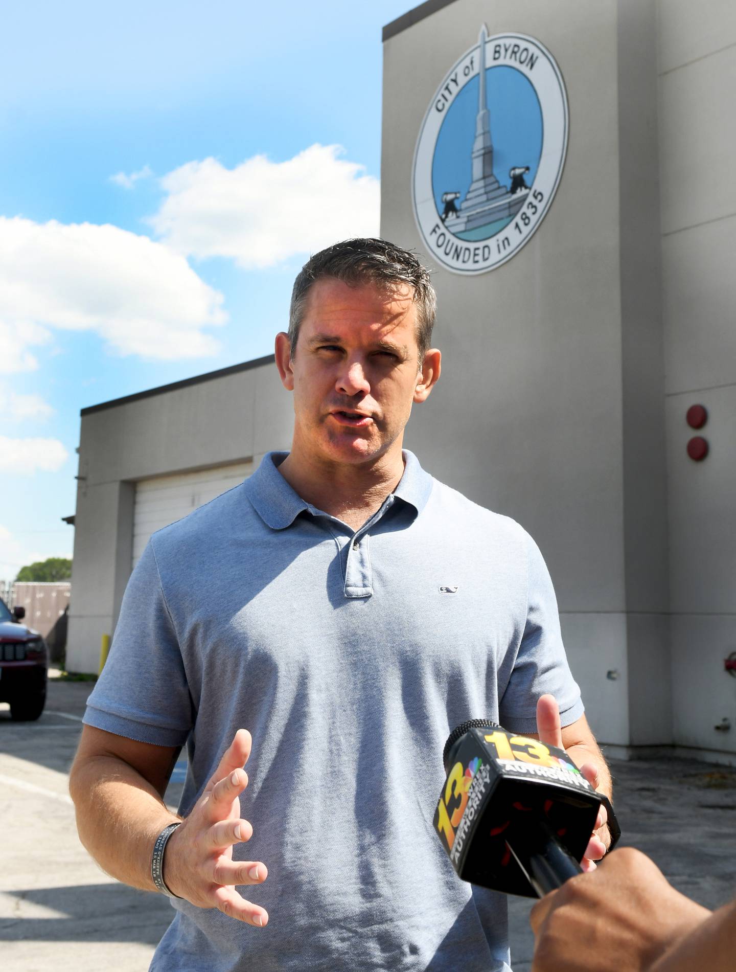 U.S. Rep. Adam Kinzinger (R-Channahon) speaks to the media after meeting with Byron-area officials about the stalled energy bill and the impact it could have on Exelon's nuclear power plant which is located in Ogle County, between Oregon and Byron.