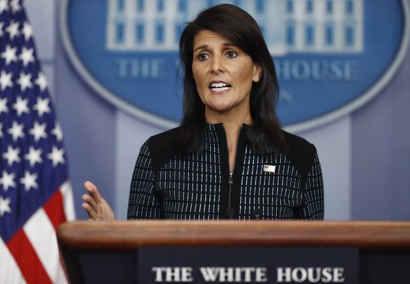 FILE - U.S. Ambassador to the United Nations Nikki Haley speaks during a news briefing at the White House, in Washington, Sept. 15, 2017. Haley, the former South Carolina governor and United Nations ambassador, announced her candidacy for president on Tuesday, becoming the first major challenger to former President Donald Trump for the 2024 Republican nomination.