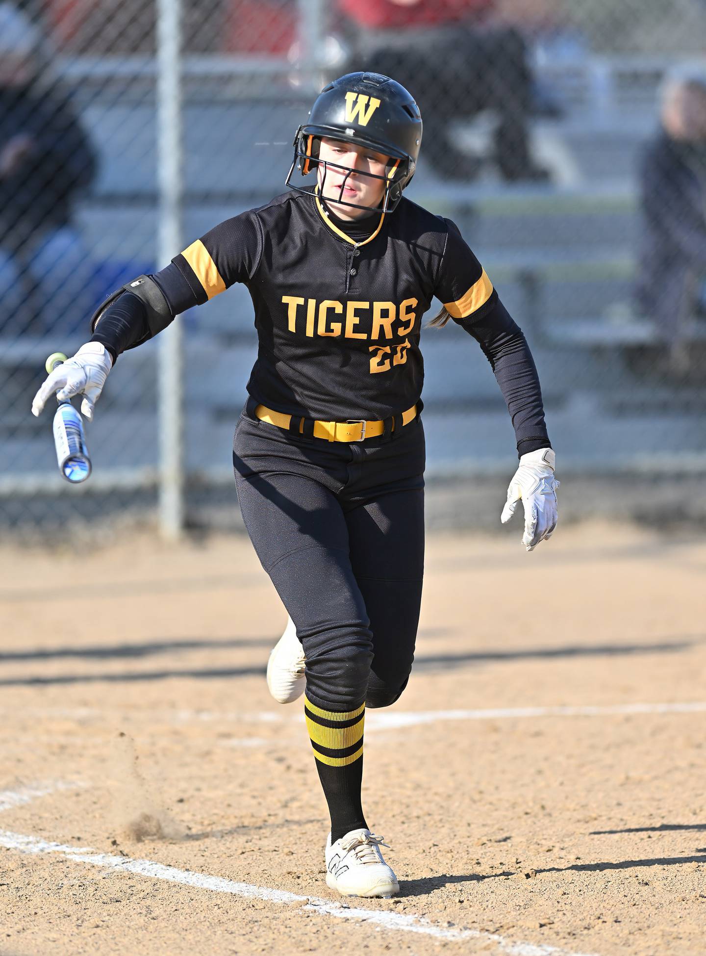 Joliet West's Avery Houlihan heads to first base during the non-conference game against Joliet Catholic on Thursday, March. 21, 2024, at Joliet.