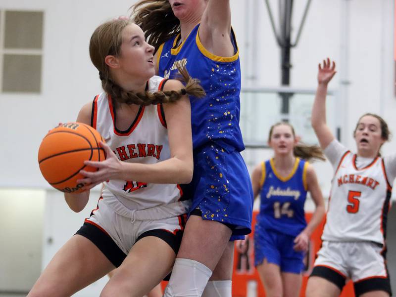 McHenry’s Brooke Snyder works under the hoop against Johnsburg in varsity girls basketball on Saturday, Jan. 4, 2025, at McHenry High School in McHenry.