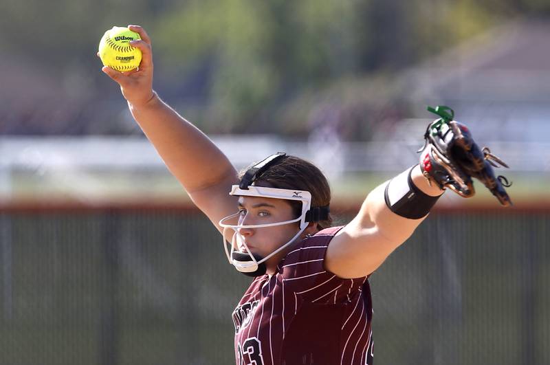 Prairie Ridge's Reese Mosolino throws a pitch during a Fox Valley Conference softball game against Crystal Lake Central on Wednesday, May 14, 2025, at Crystal Lake Central High School.
