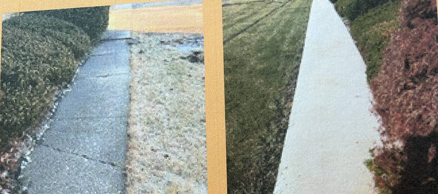 The photo at left shows a sidewalk before repairs were made while the photo on the right shows the sidewalk after work was done.