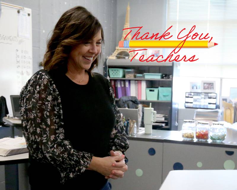 Tracey Schoff, a teacher at Bureau Valley Junior High School, smiles while teaching a class on Thursday, April 6, 2023.