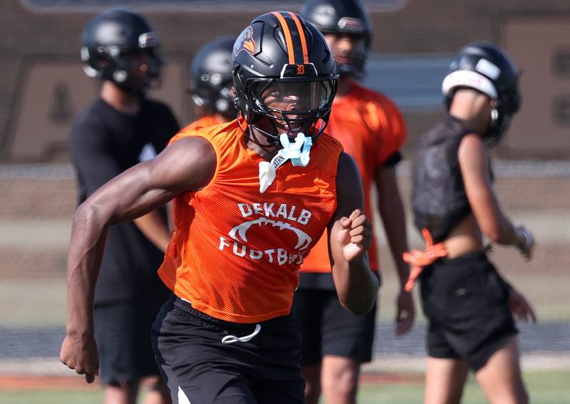 DeKalb’s Davon Grant runs through a drill Monday, Aug. 11, 2025, during their first fall practice at the school.