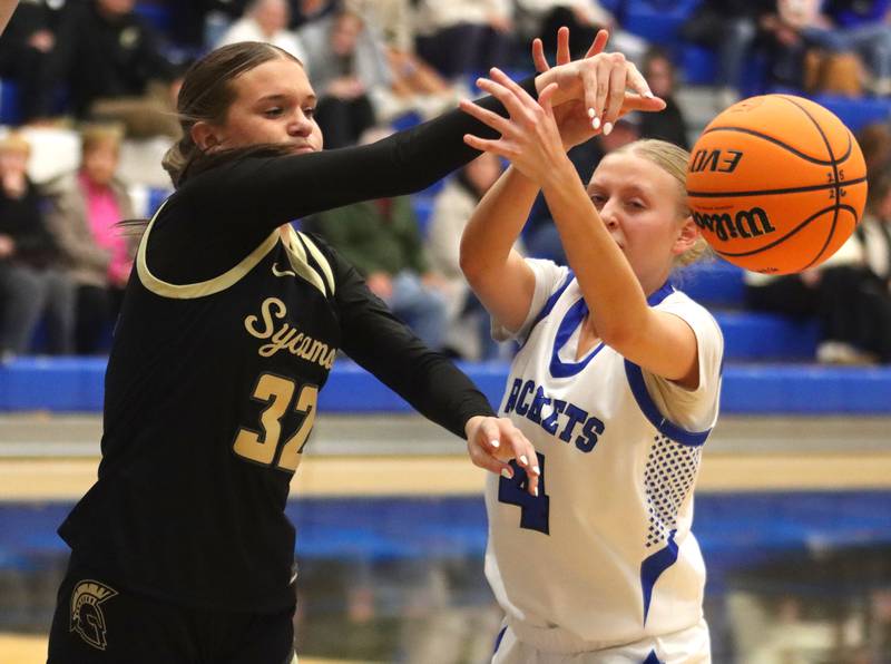 Burlington Central’s Ashley Waslo, right, guards Sycamore’s Quinn Carrier in girls basketball at Burlington Central High School in Burlington on Tuesday, November 18, 2025.