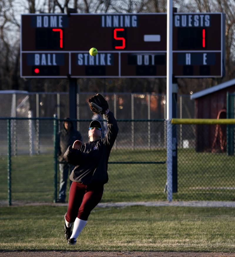 Marengo's Mia Feidt catches a fly ball during a nonconference softball game against Antioch on Monday, March 31, 2025, at Marengo High School.