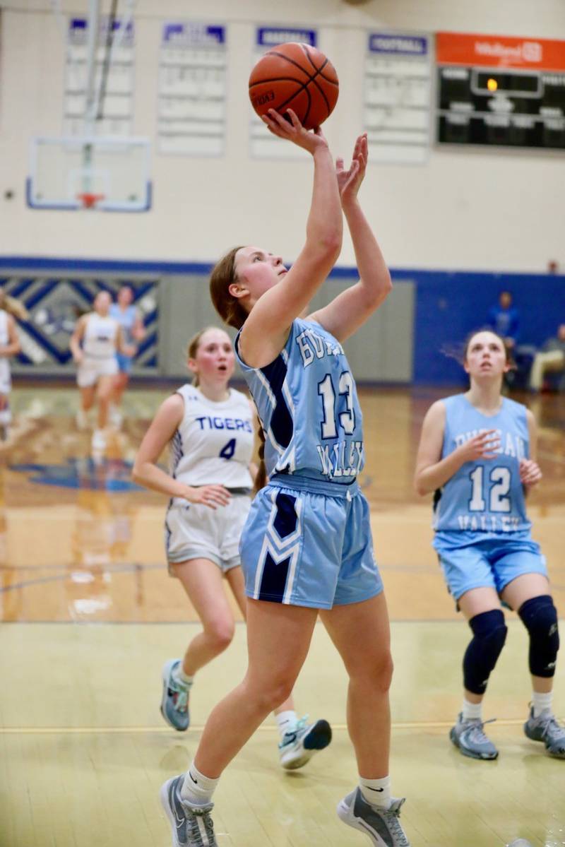 Bureau Valley freshmen Libby Endress shoots in the second half of Monday's game at Prouty Gym. Endress scored 15 points to lead the Storm to a 55-45 win.