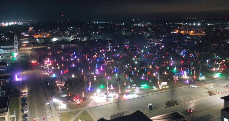 An aerial view of Streator City Park all lit up for Christmas on Tuesday, Dec. 17, 2024 downtown Ottawa.