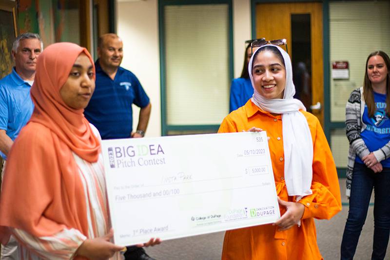 Elmhurst students (from left) Aaliya Khaja and Miftha Syed recently won first place at the Big Idea Pitch Contest, hosted by Innovation DuPage and College of DuPage.