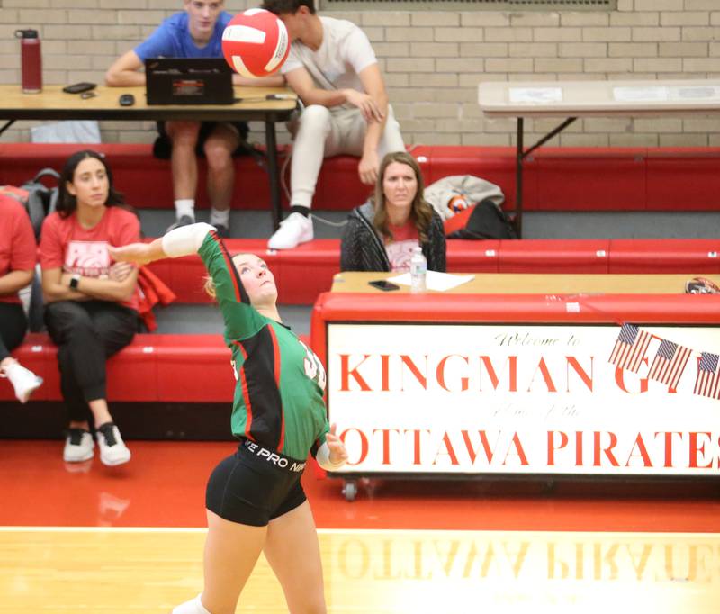 L-P's Aubrey Duttlinger sends a kill to the Ottawa side of the net on Thursday, Oct. 17, 2024 in Kingman Gym at Ottawa High School.