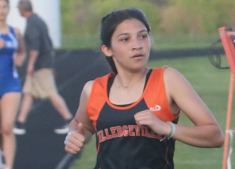 Milledgeville's Izabella Turnquist runs in the 800 meter race during the Class 1A Sectional meet on Wednesday, May 8, 2024 at Bureau Valley High School.