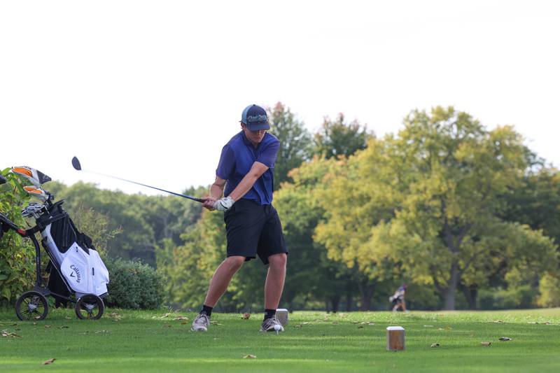 Peotone's Gavin Costanzo tees off during the IHSA Class 1A Kankakee (McNamara) Regional at the Elks Country Club on Wednesday, Oct. 1, 2025. Costanzo tallied a 96 to advance to sectionals.