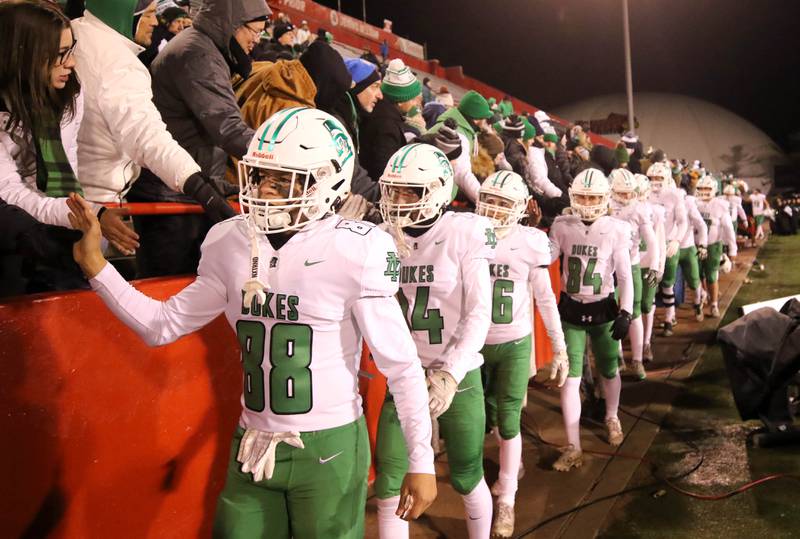 York players thank their fans after their Class 8A state championship game loss to Loyola Saturday, Nov. 30, 2024, in Hancock Stadium at Illinois State University in Normal.