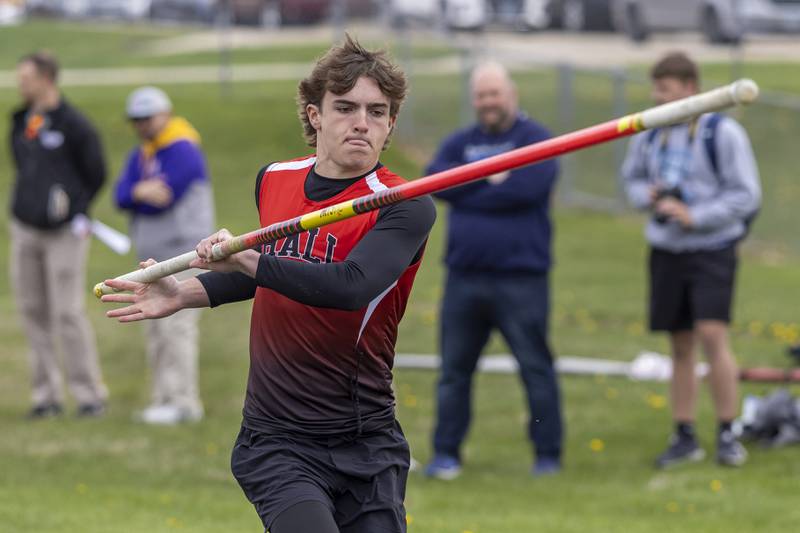 Blake Gambiani of Hall High School prepares to jump during the pole vault event at the Rollie Morris Invite on April 19, 2025 at Hall High School.