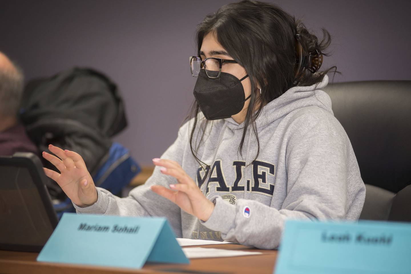 Miriam Sohail, Dixon High School senior, speaks during the Tuesday afternoon meeting. Sohail was one of two students on the Community Engagement Committee.