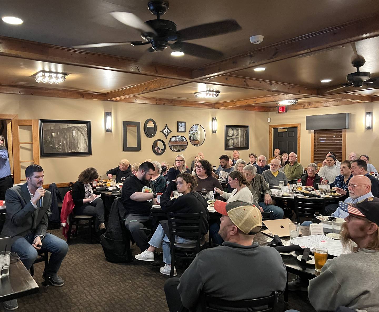 Dozens attended a Northern Illinois University STEM Café on weather forecasting in Sugar Grove on March 6, 2024, a week after an EF-1 tornado touchdown near the village.