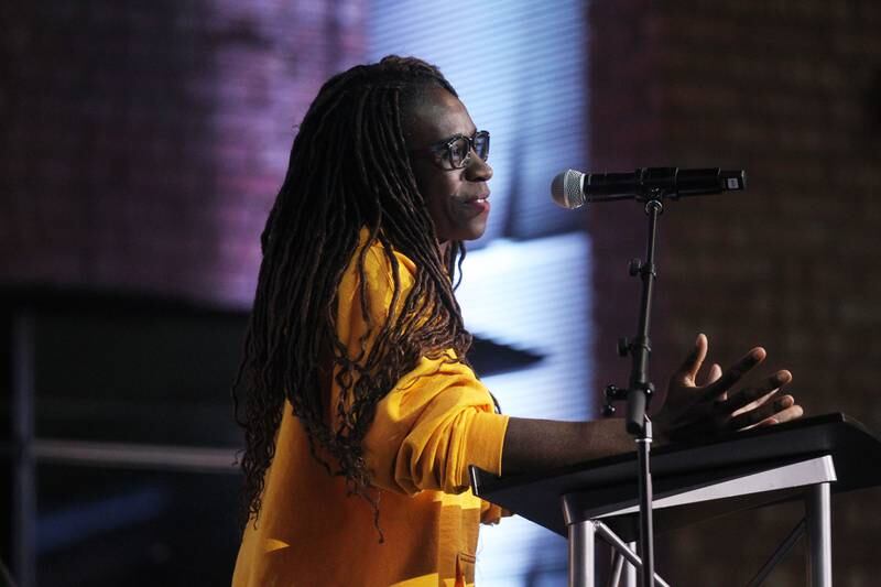 Bennie Conyers, owner of Snap Fitness, in Round Lake Beach, shares her stories of faith in community and families Thursday, May 4, 2023, during the Grant Township National Day of Prayer Gathering at CrossPoint Church in Ingleside.