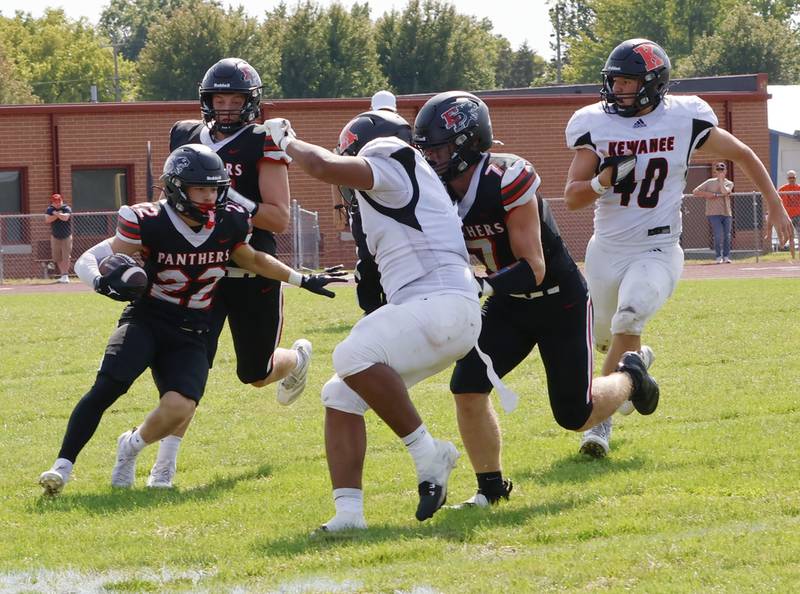 Panther offensive lineman Gaven Adams (#7) blocks for teammate Tristan Hovey (#22) in the Saturday, August 30, 2025, season opener against the Kewanee Boilermakers. The Panthers had no problems running the ball on their home field in Prophetstown, winning the contest 29-6