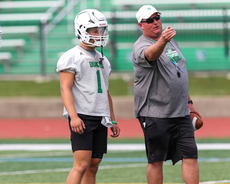 York quarterback Bruno Massey receives coaching at York High School first day of football practice. Aug 12, 2024.