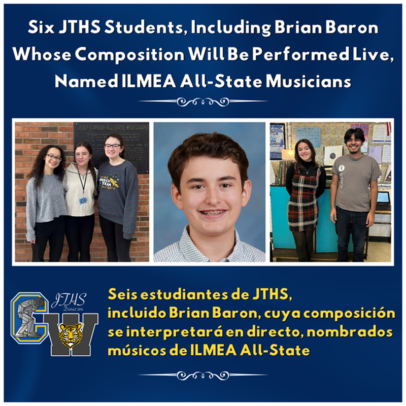 Six Joliet Township High School District 204 students and Joliet West’s Concert Choir have been selected to perform as Illinois Music Educators Association All-State Musicians in Peoria.