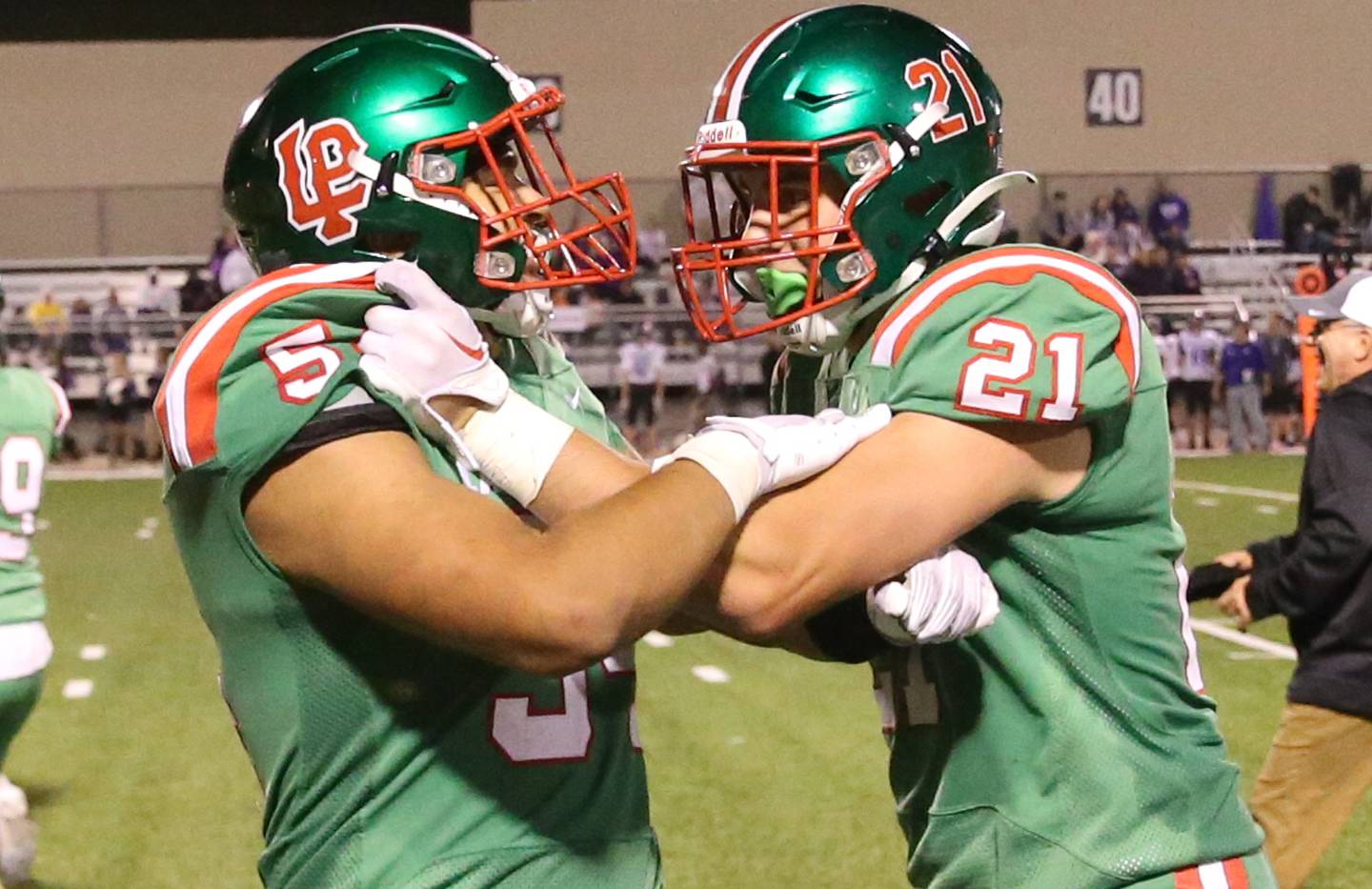 L-P's Andres Medina and Josh Senica react after defeating Plano on Friday, Sept. 15, 2023 at Howard Fellows Stadium.