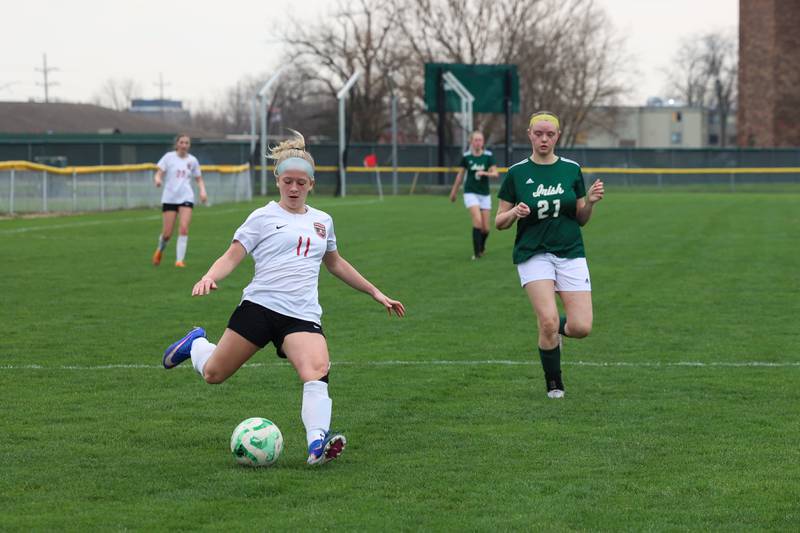 Bradley-Bourbonnais' Rylee Villegas sends a cross for an assist during the Boilermakers' 9-1 win over Bishop McNamara in All-City play on Tuesday, March 31, 2026.