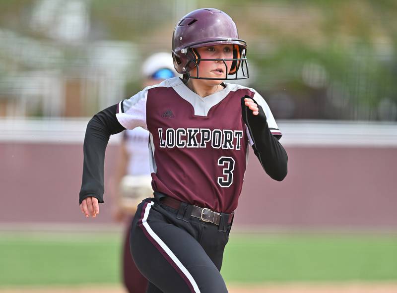 Lockport's Marcy Curry running to home plate during the non-conference game against Marengo on Saturday, April. 27, 2024, at Lockport.