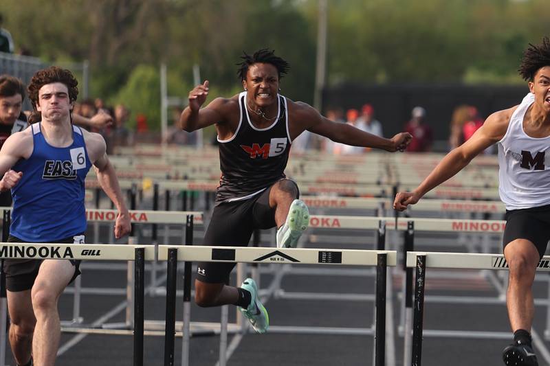 Minooka’s Darvell Smith competes in the 110m Hurdles at the Class 3A Minooka Boys Track and Field Sectional on Wednesday, May 17, 2023 in Minooka.