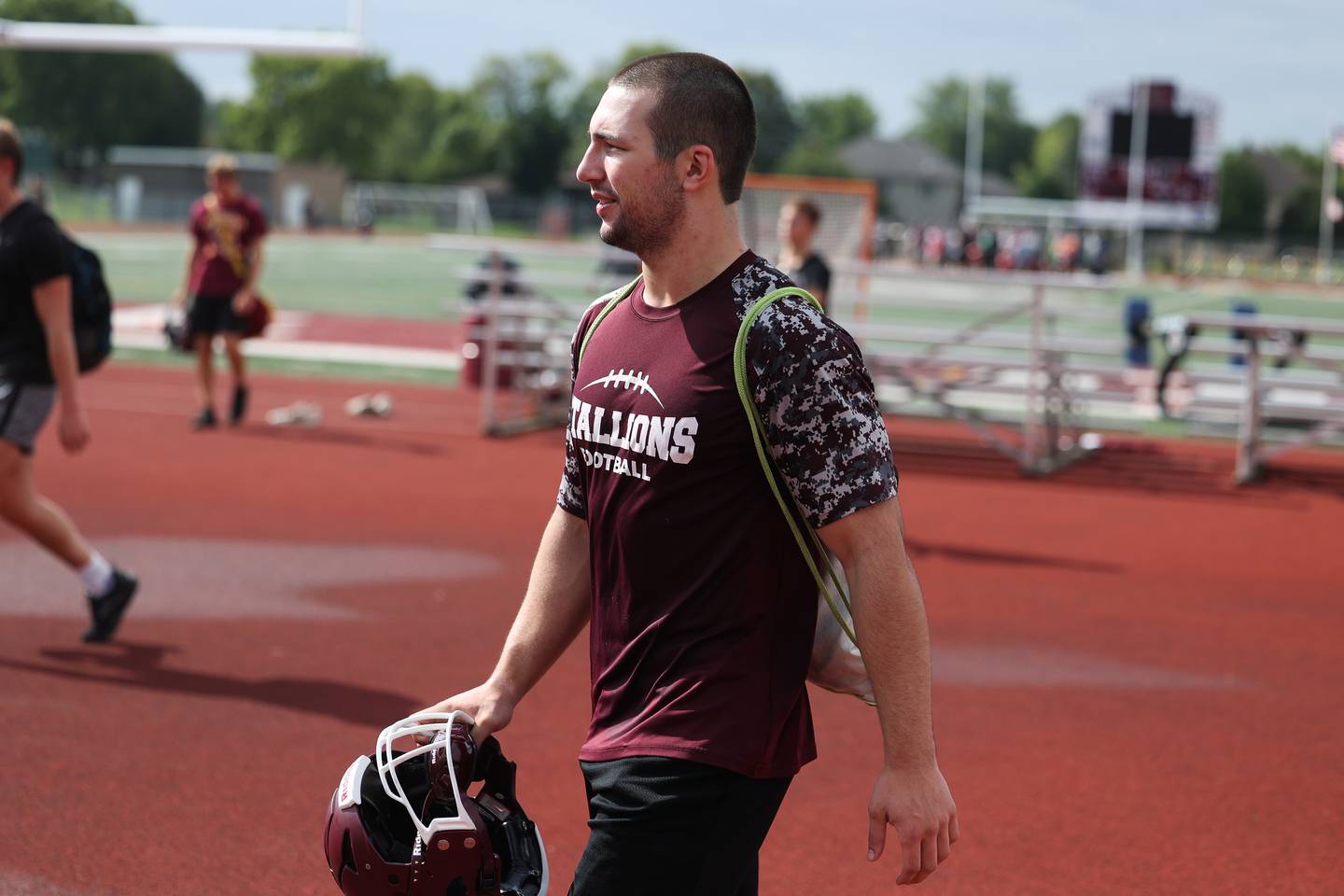 Lockport linebacker Jameson Clark heads to the weight room during the first day of practice on Monday, Aug. 7, 2023 in Lockport.