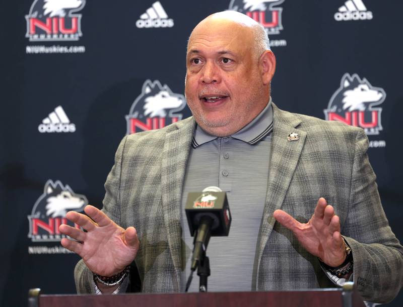 Sean T. Frazier, vice president and director of athletics and recreation at Northern Illinois, speaks Wednesday, Aug. 13, 2025, during the NIU fall sports media day in the Yordon Center at NIU in DeKalb.