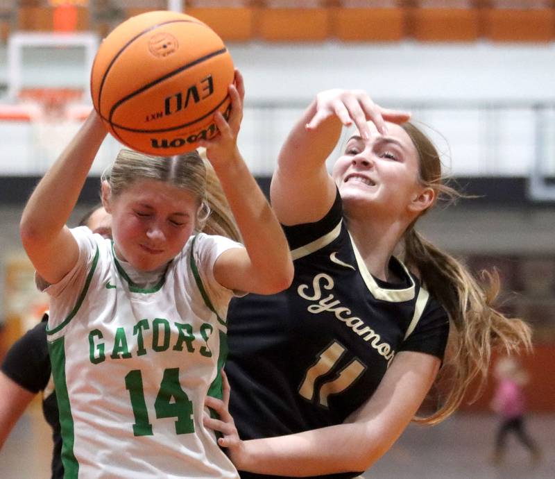 Crystal Lake South’s Makena Cleary, left, gets the ball in front of Sycamore’s Macy Calendo in girls IHSA Class 3A Sectional basketball on Tuesday, Feb. 24, 2026, at Crystal Lake Central High School in Crystal Lake.