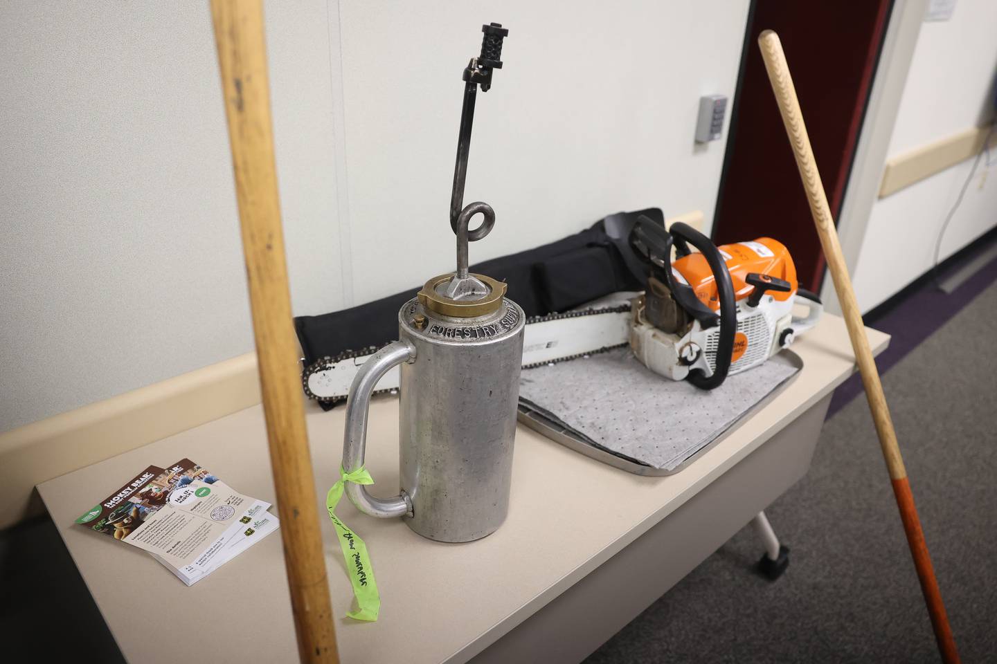Equipment used for control burns sits on display at an educational event on Forest Preserve District Will County controlled burns at Sugar Creek Administration Center in Joliet on Thursday, Jan 30, 2025.