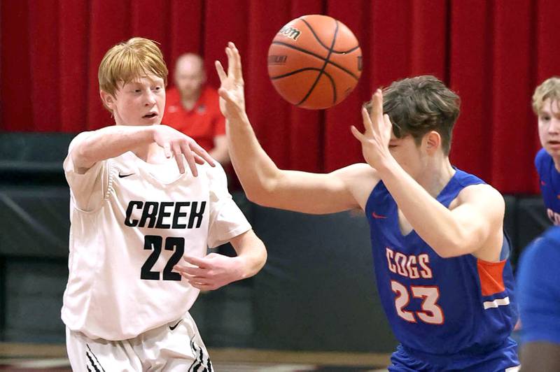 Indian Creek's Patrick Callison fires a pass in front of Genoa-Kingston's John Kruger Wednesday, Jan. 25, 2023, during their game at Indian Creek High School in Shabbona.