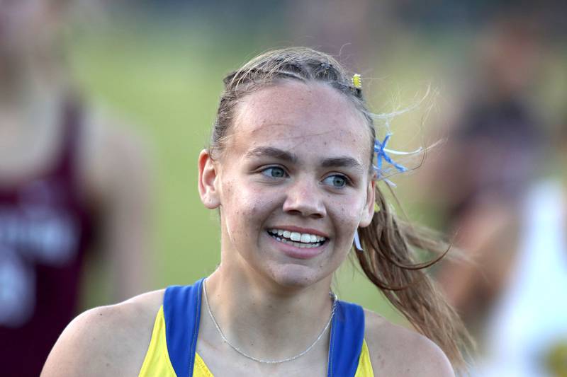 Hope Klosowicz is all smiles after a win in the 400 meters in IHSA Class 2A Girls Sectional Track action at Genoa-Kingston School in Genoa on Friday, May 16, 2025.