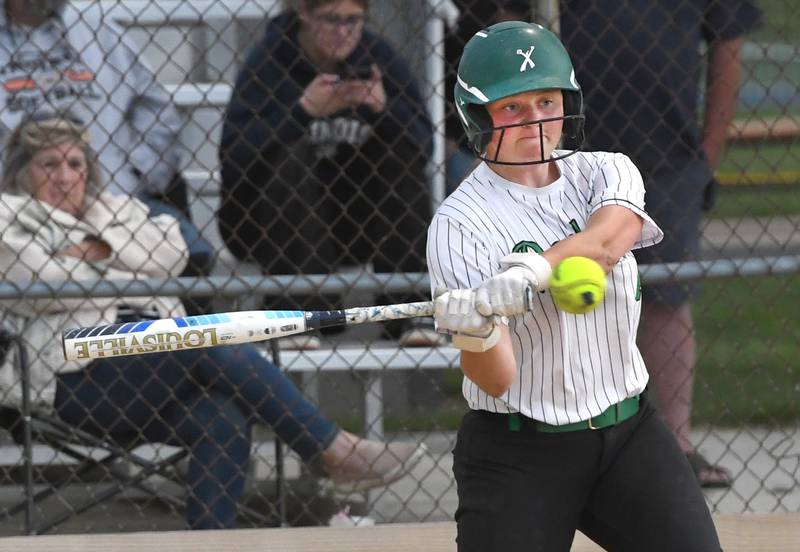 Rock Falls' Korah Hosler gets a piece of a pitch during action against Winnebago at the 2A Oregon Regional semifinal on Wednesday, May 20, 2026.
